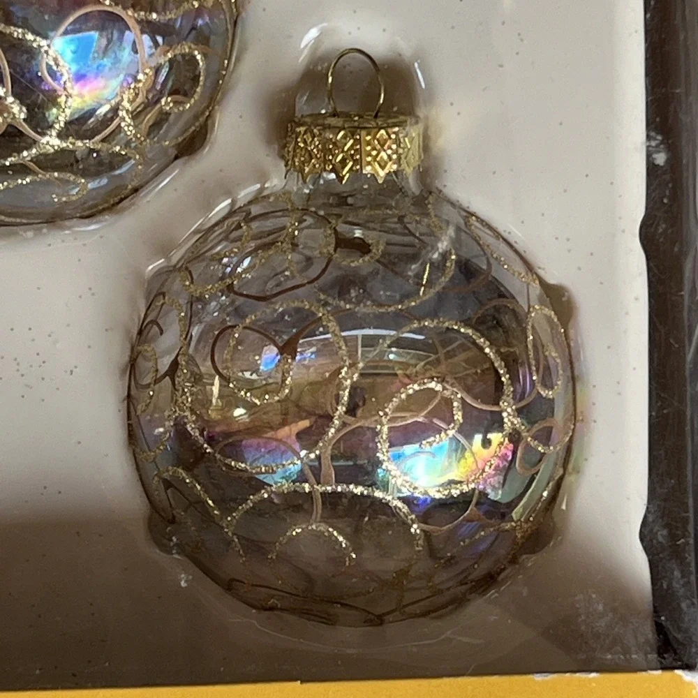 VTG Garden Ridge Glass Ball Gold Glitter Iridescent Stenciled Ornaments Set 5